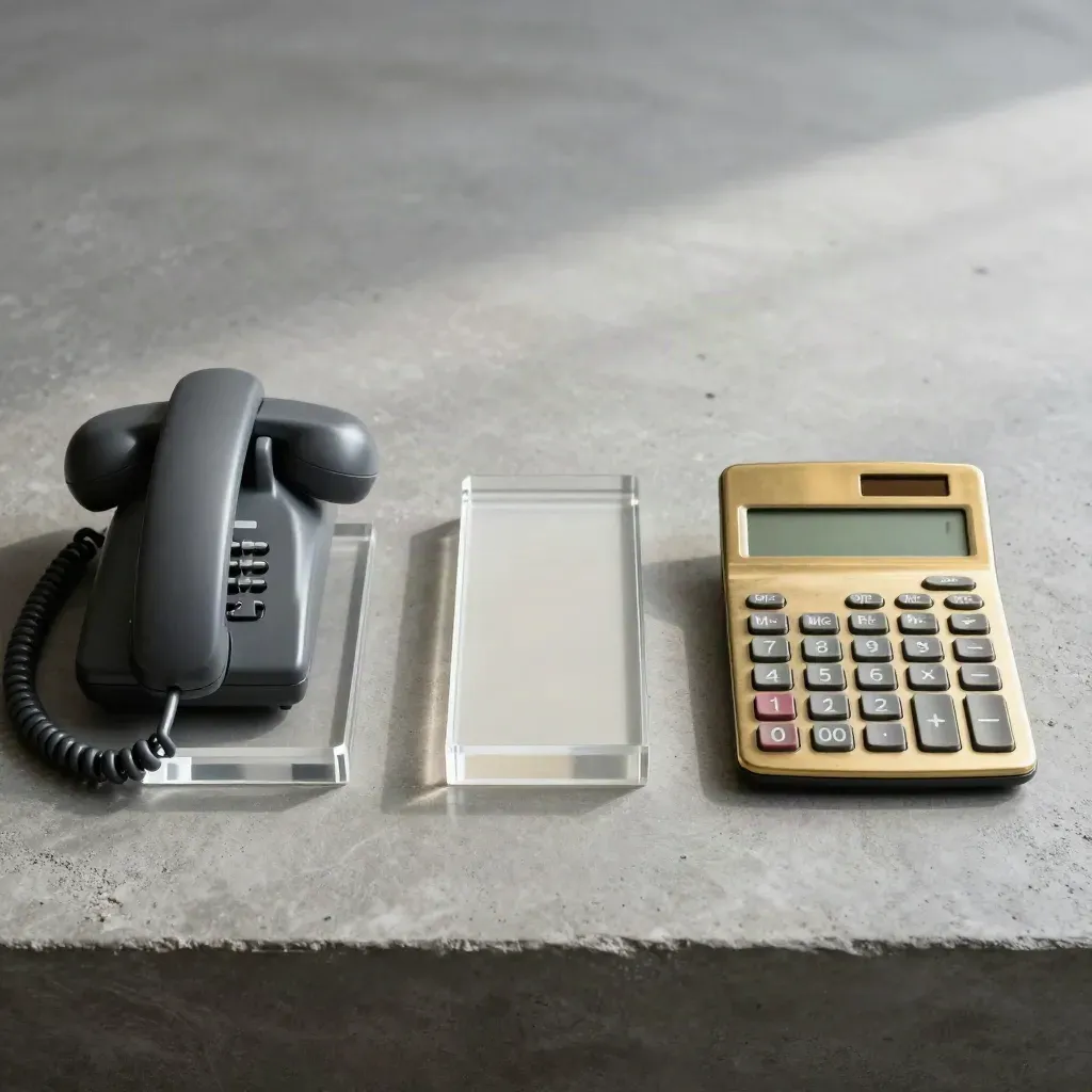 Overhead flatlay of clear tier markers, desk phone and brass calculator on concrete