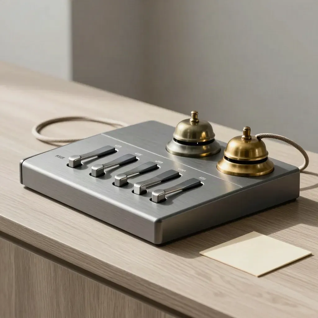 Call-routing switch with brass bells and coiled patch cord on pale ash wood.