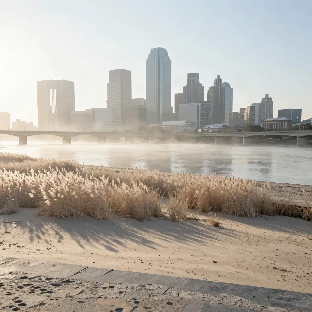 Dallas skyline at dawn over Trinity River grasses and low bridges, with hazy open space below.