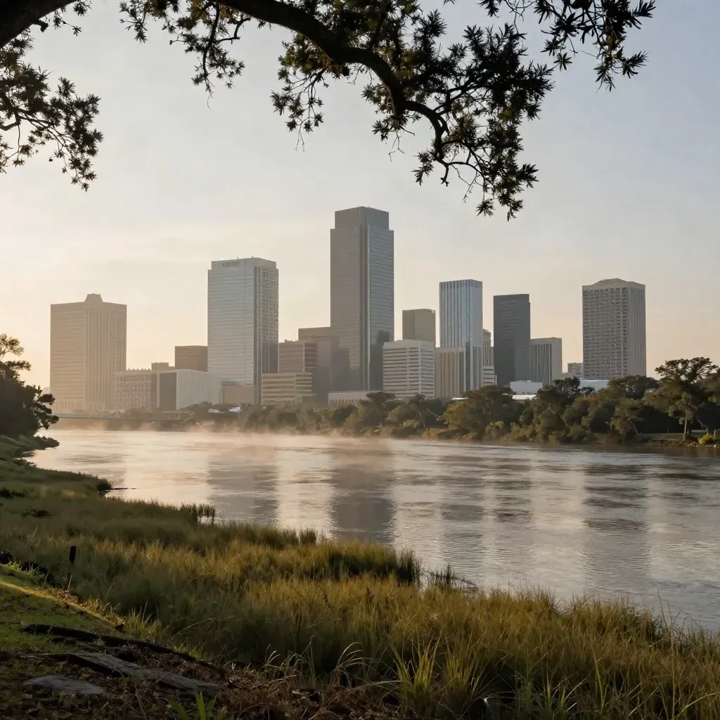 Houston skyline over a hazy bayou at dusk with oak canopy and calm marsh foreground