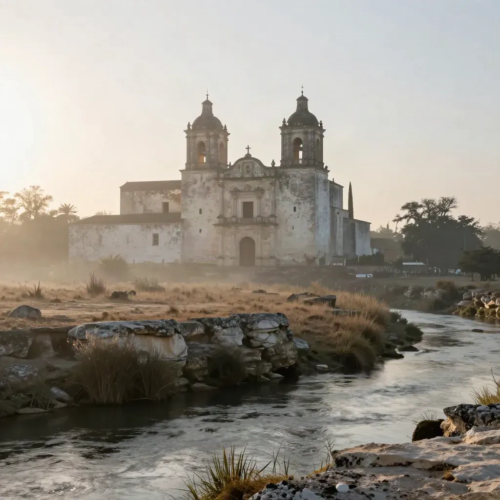 Sunrise haze over San Antonio mission limestone above a calm river bend with cypress and pale stone.