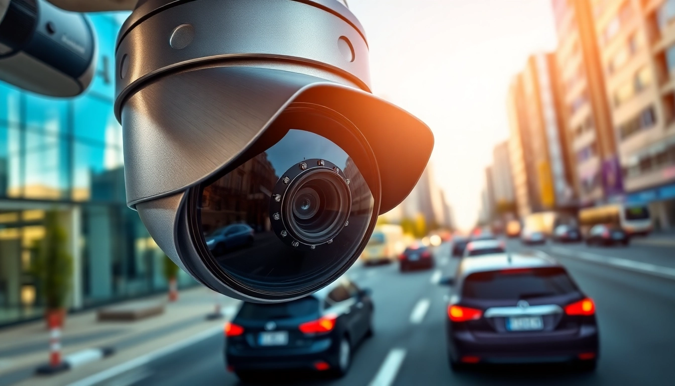 Showcasing a license plate recognition camera capturing license plates in an urban setting.