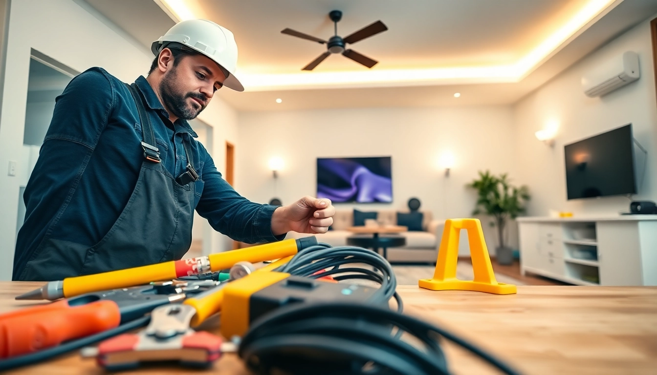 Professional electrician troubleshooting in a home environment, representing electrician companies near me for reliable service.