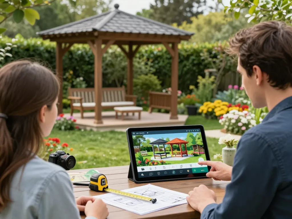 Engaging presentation of the 3D Pergola Configurator to customers in a picturesque garden setting with vibrant visuals.
