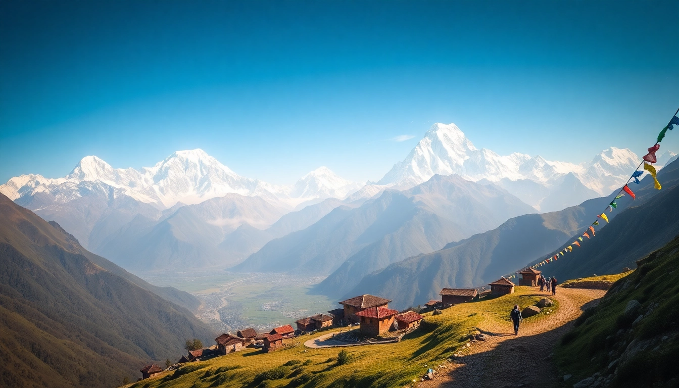 Stunning view of the Manaslu Circuit Trek, featuring Mount Manaslu, lush valleys, and trekkers on the trail.