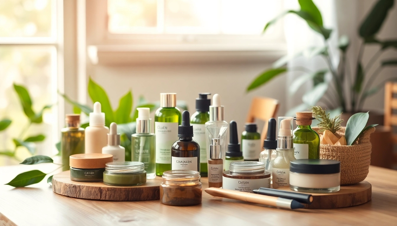 Ekologiska kosmetika: Beautifully arranged natural skincare products on a wooden table.