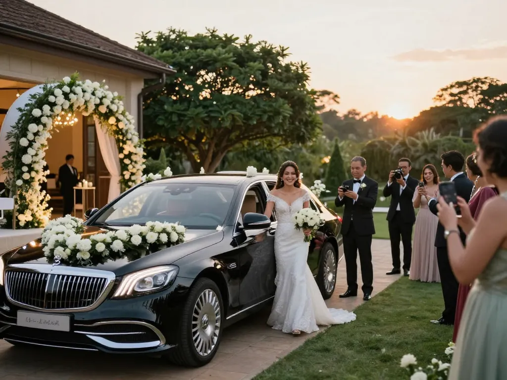 Thuê một chiếc Mercedes cưới sang trọng với trang trí tinh tế và một cặp đôi hạnh phúc trong ngày đặc biệt của họ.