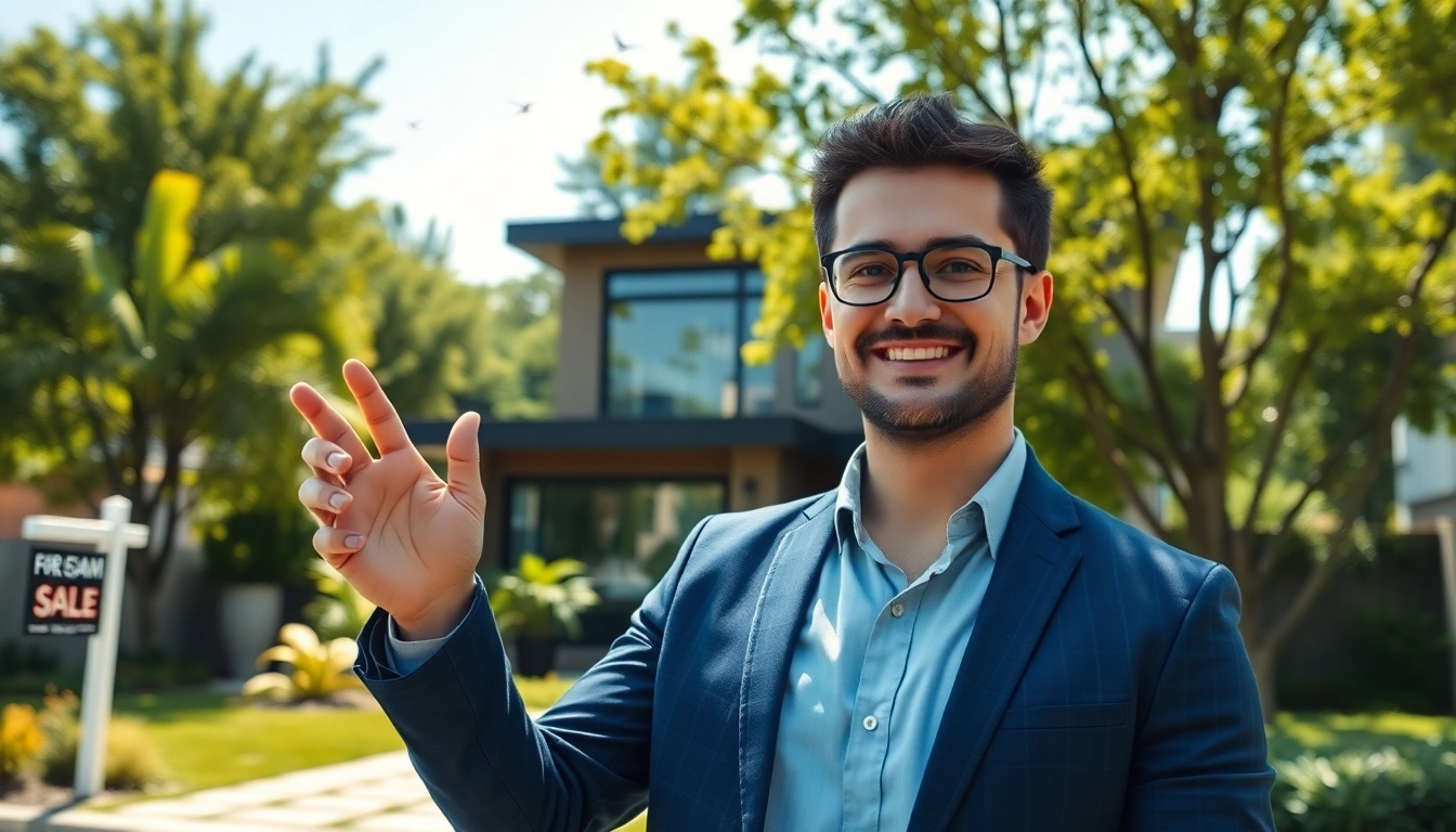 Showcase a real estate agent highlighting a luxury home in a vibrant urban environment