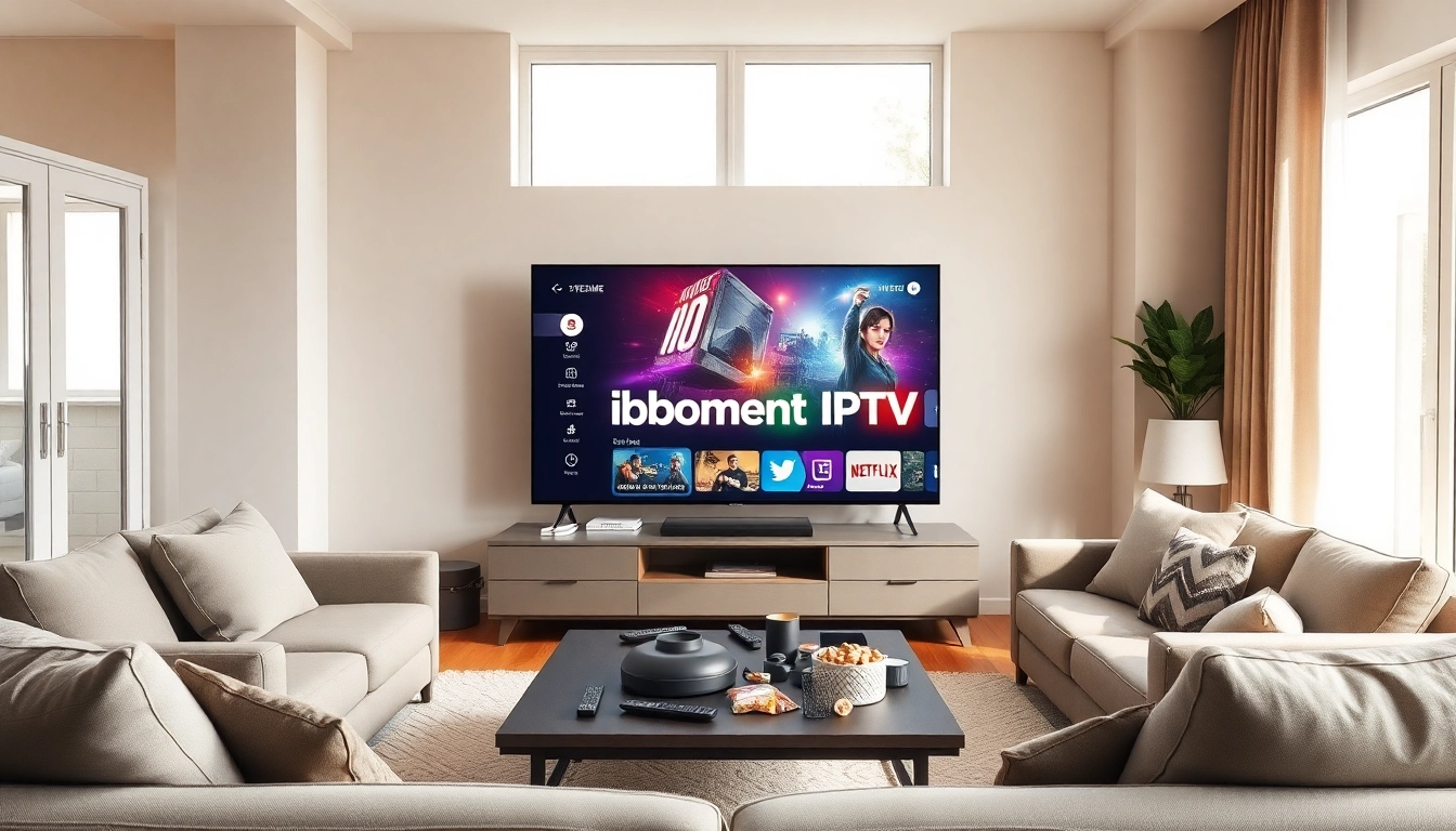 Abonnement IPTV displayed on a smart TV in a cozy living room setting, showcasing vibrant streaming options.