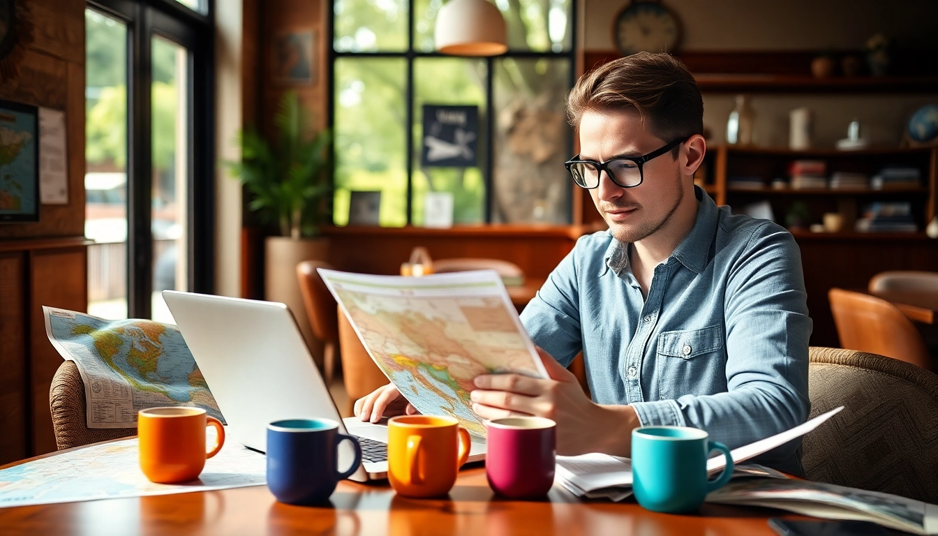 Evaluate budget travel insurance options in a cozy setting with vibrant travel elements.