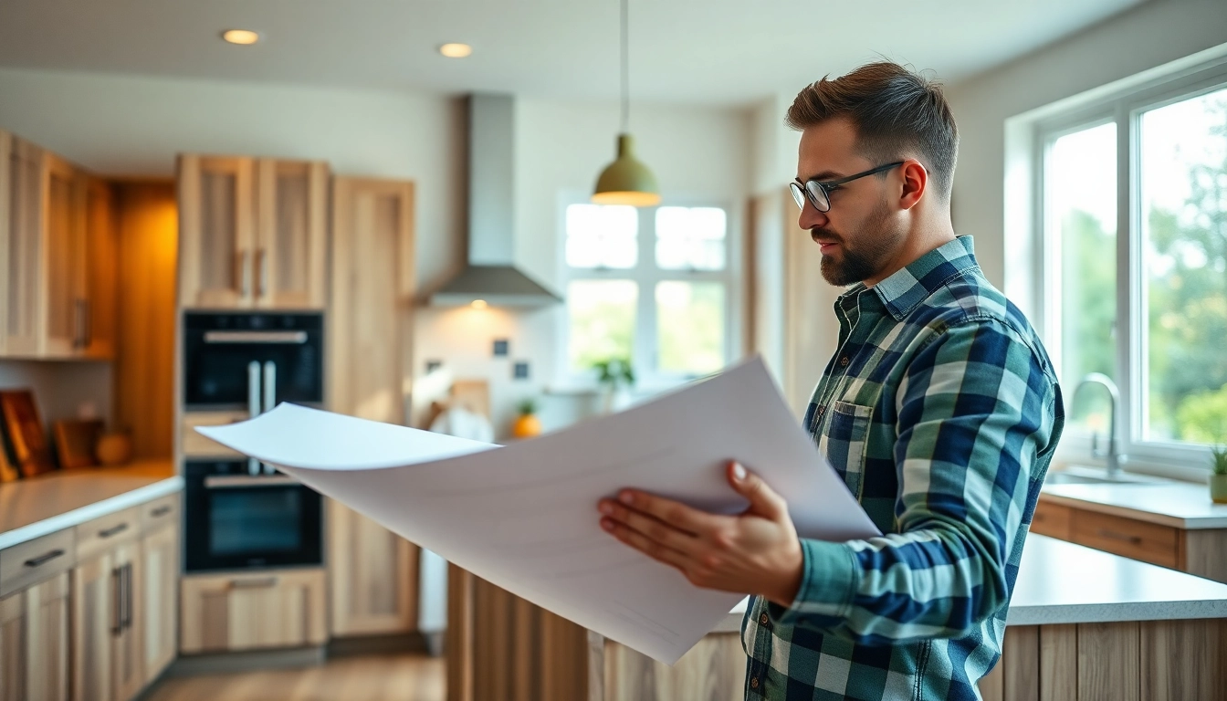 Experience home renovation with a contractor reviewing designs in a modern kitchen.