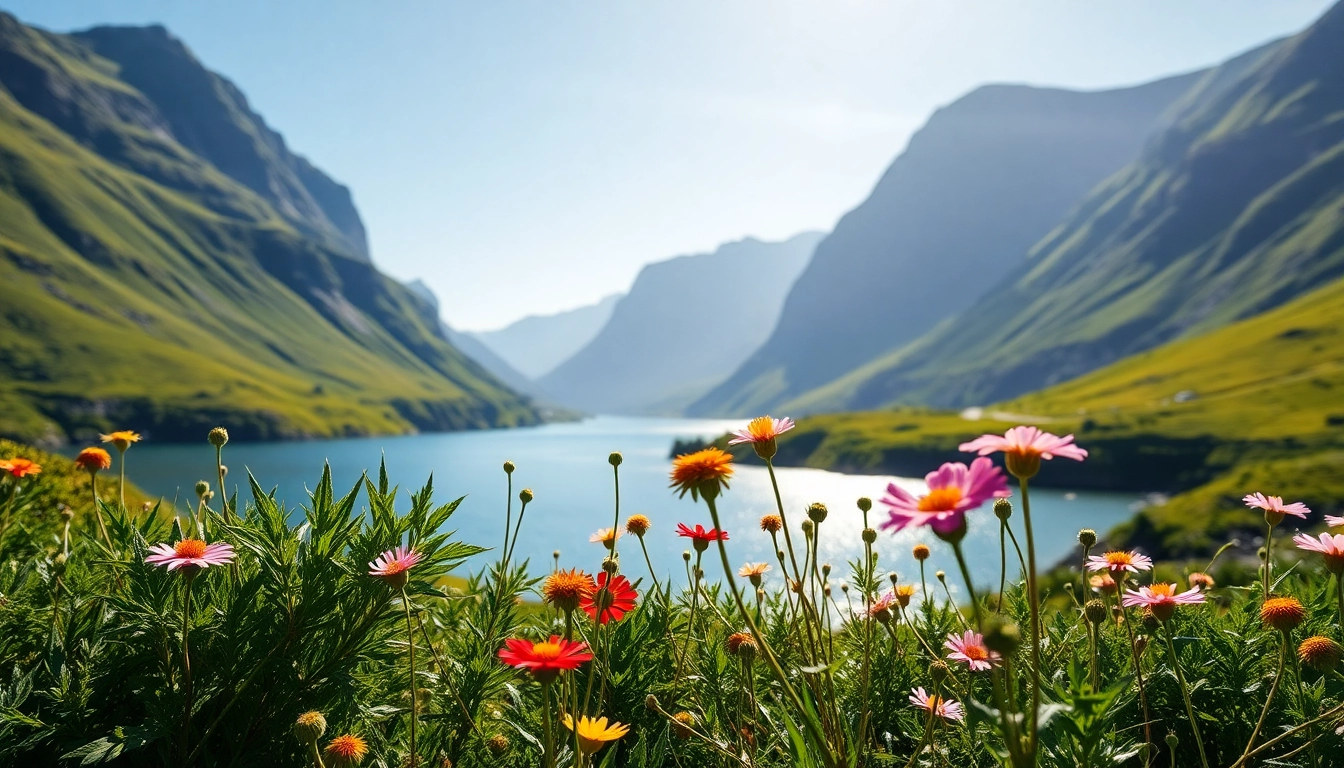 Scandia's breathtaking fjord landscape with vibrant wildflowers and majestic mountains.