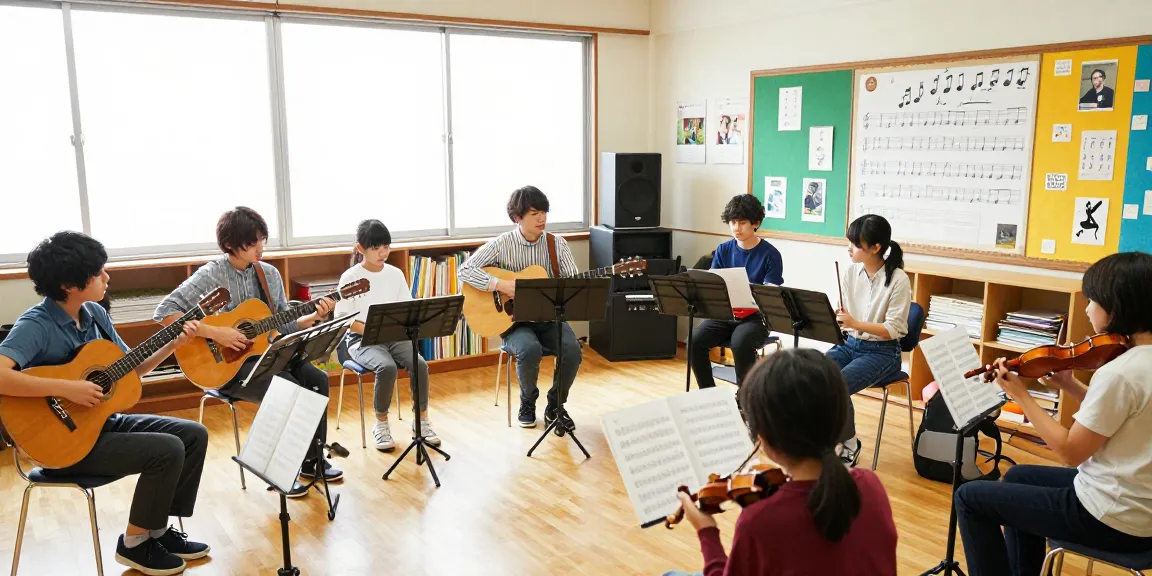 EYS音楽教室 池袋スタジオの魅力的な音楽教室で、学生たちが熱心に楽器を学んでいる様子。