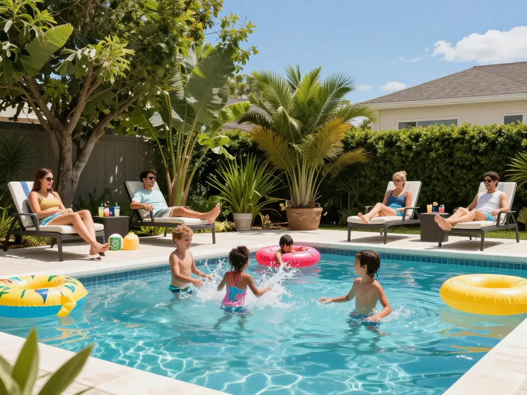 Dolphin Pool Services enhances backyard enjoyment with vibrant family pool scene showcasing relaxation and fun.