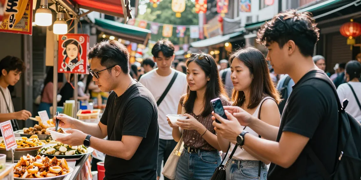 Explore Asian culture with friends at https://hanadultalk.com, enjoying lively street vendors and colorful entertainment.