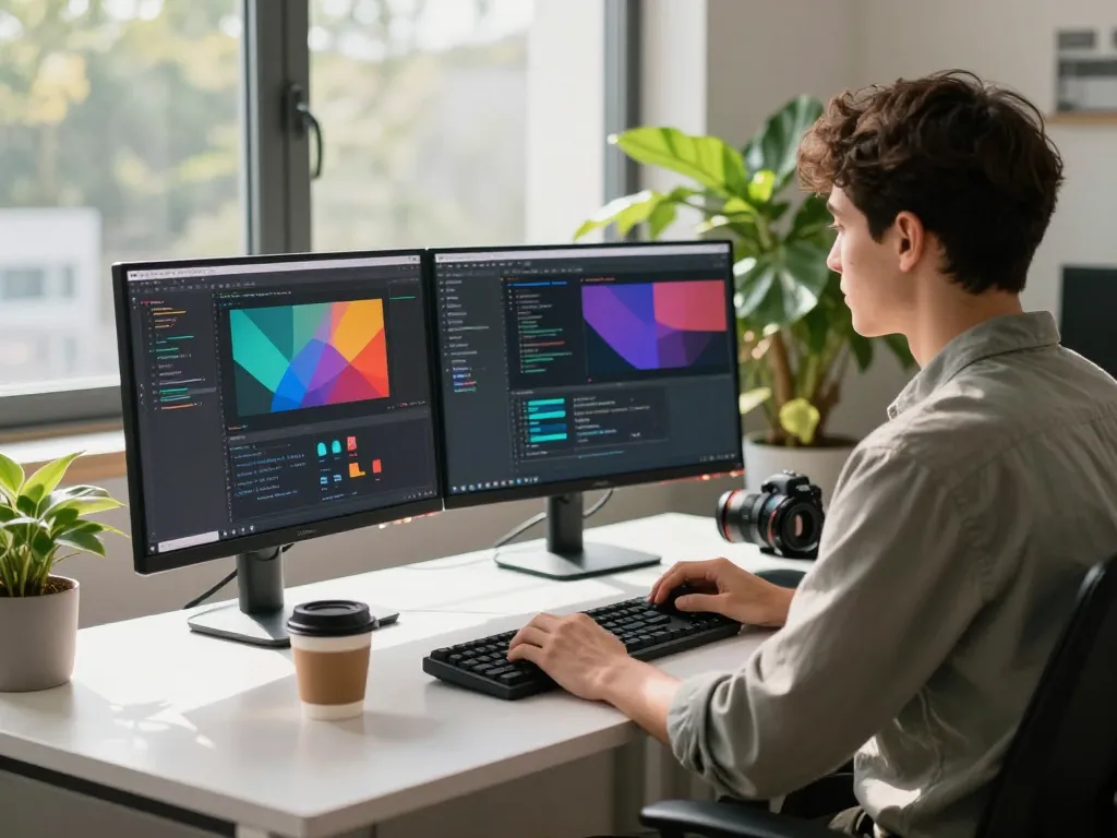 Developer working in a bright workspace with dual monitors using 谷歌浏览器 for coding and design.
