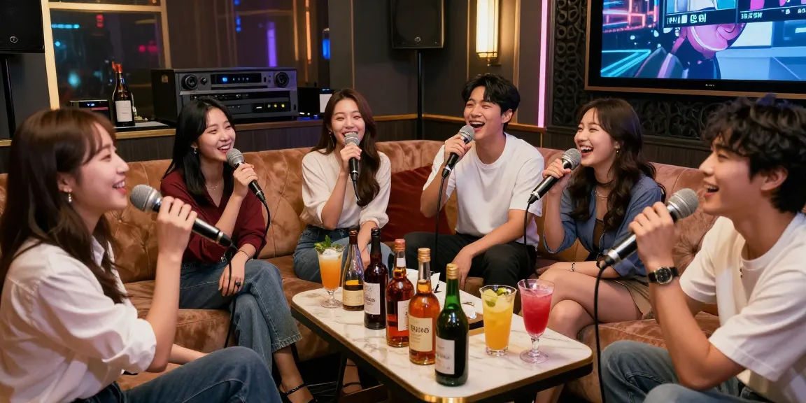 강남 가라오케에서 즐거운 시간을 보내는 친구들, 고급스러운 인테리어와 음향 시설이 어우러진 모습
