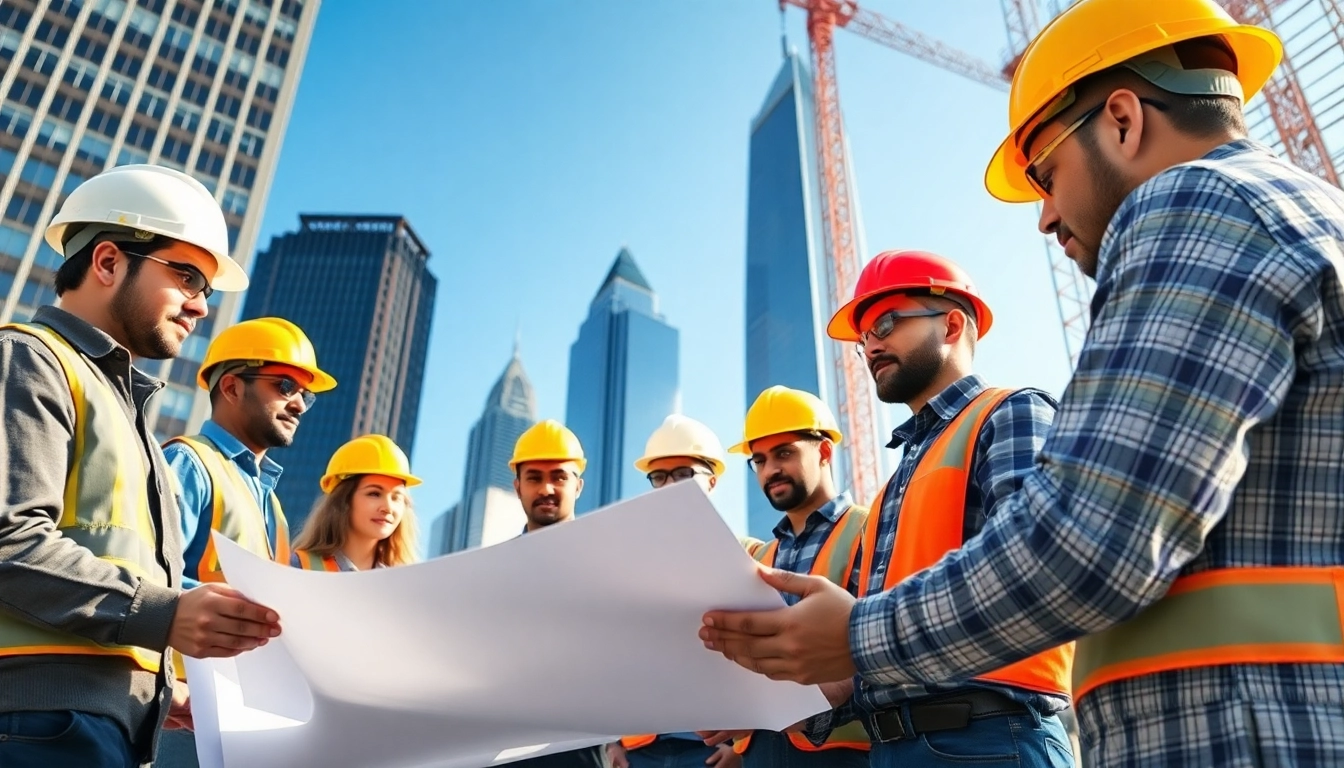 New York General Contractor team collaborating on a construction project in NYC with blueprints.