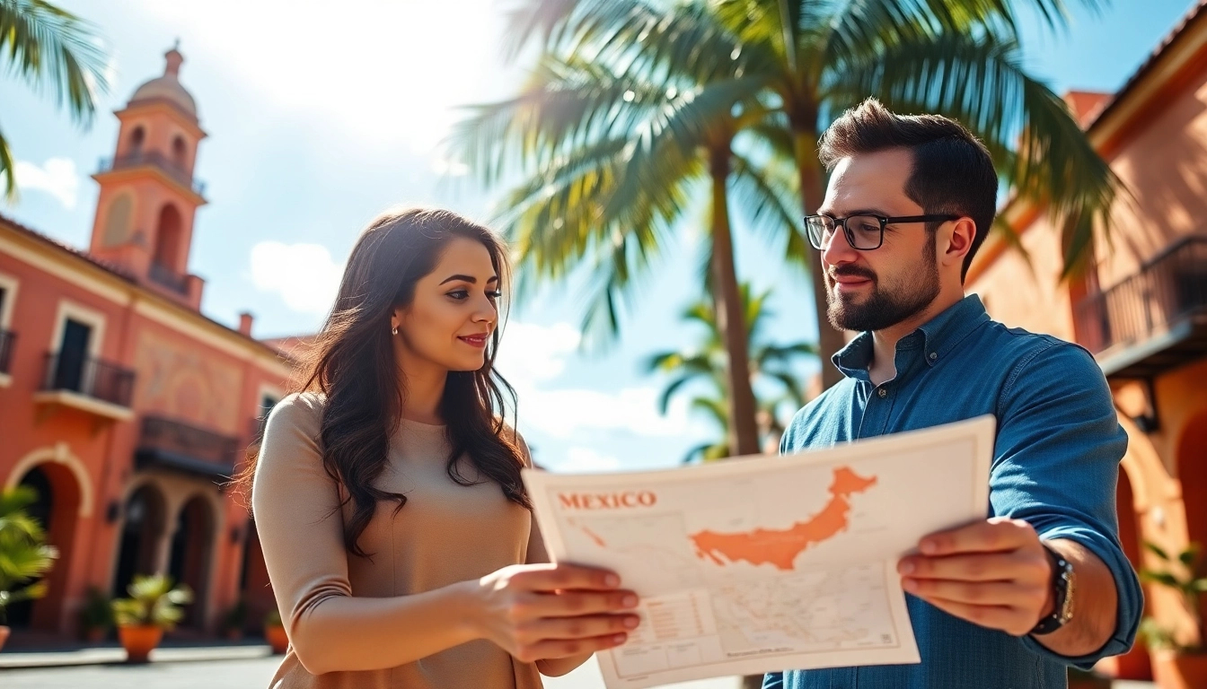 Explore buying property in Mexico as an American with a couple reviewing listings in a vibrant town.