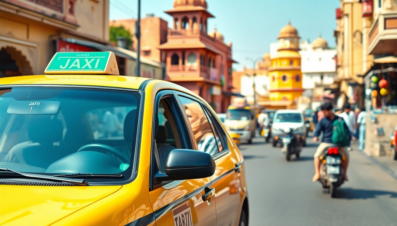 Jaipur Taxi Service with a clean and hygienic taxi waiting for passengers in a vibrant street scene.