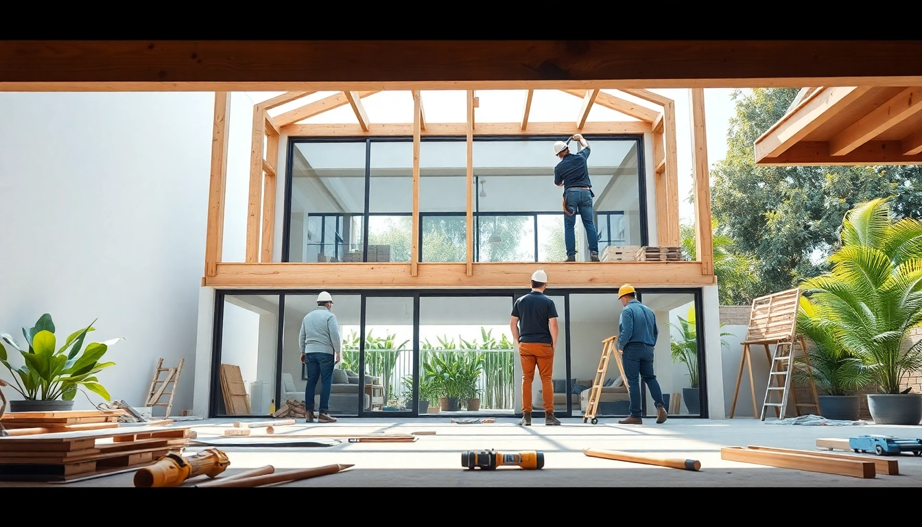 Engaging scene of house extension construction showcasing builders at work, emphasizing modern design.