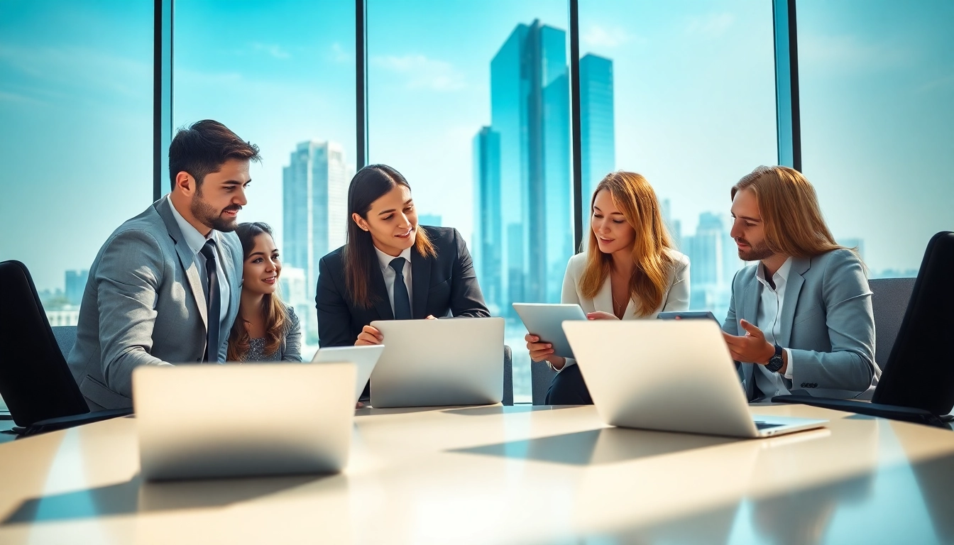Team using enterprise search software on laptops in a modern office setting.