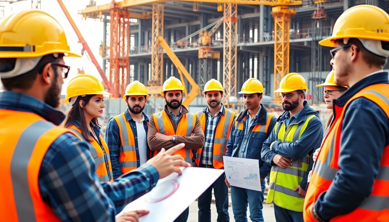 Construction safety training session with diverse workers in hard hats and safety gear.