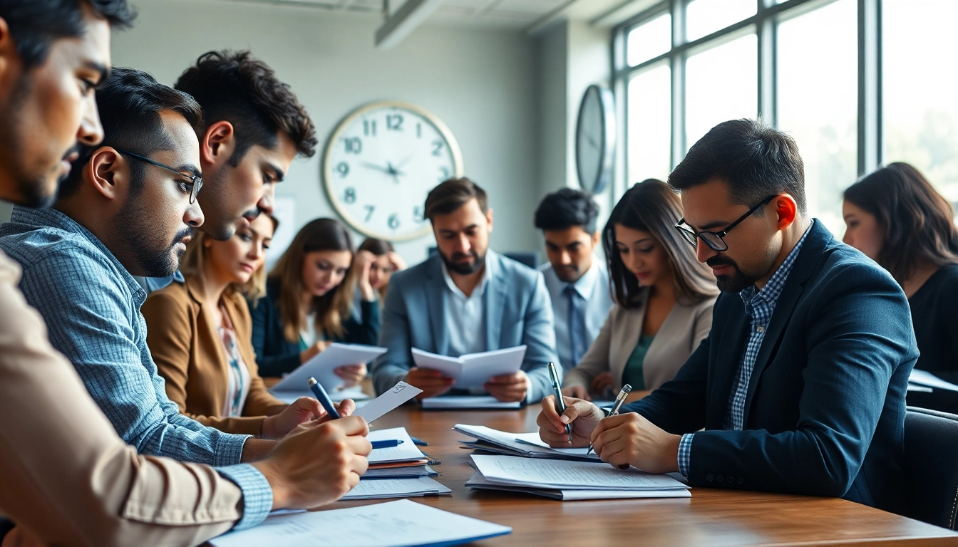 Individuals taking a psychometric test in a focused professional environment.