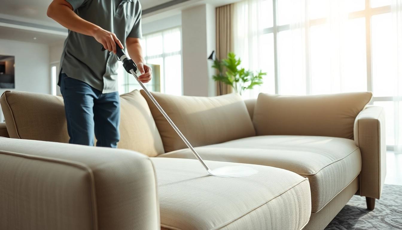 Sofa cleaning Dubai with professional gear in a bright living room, ensuring a fresh and spotless appearance.