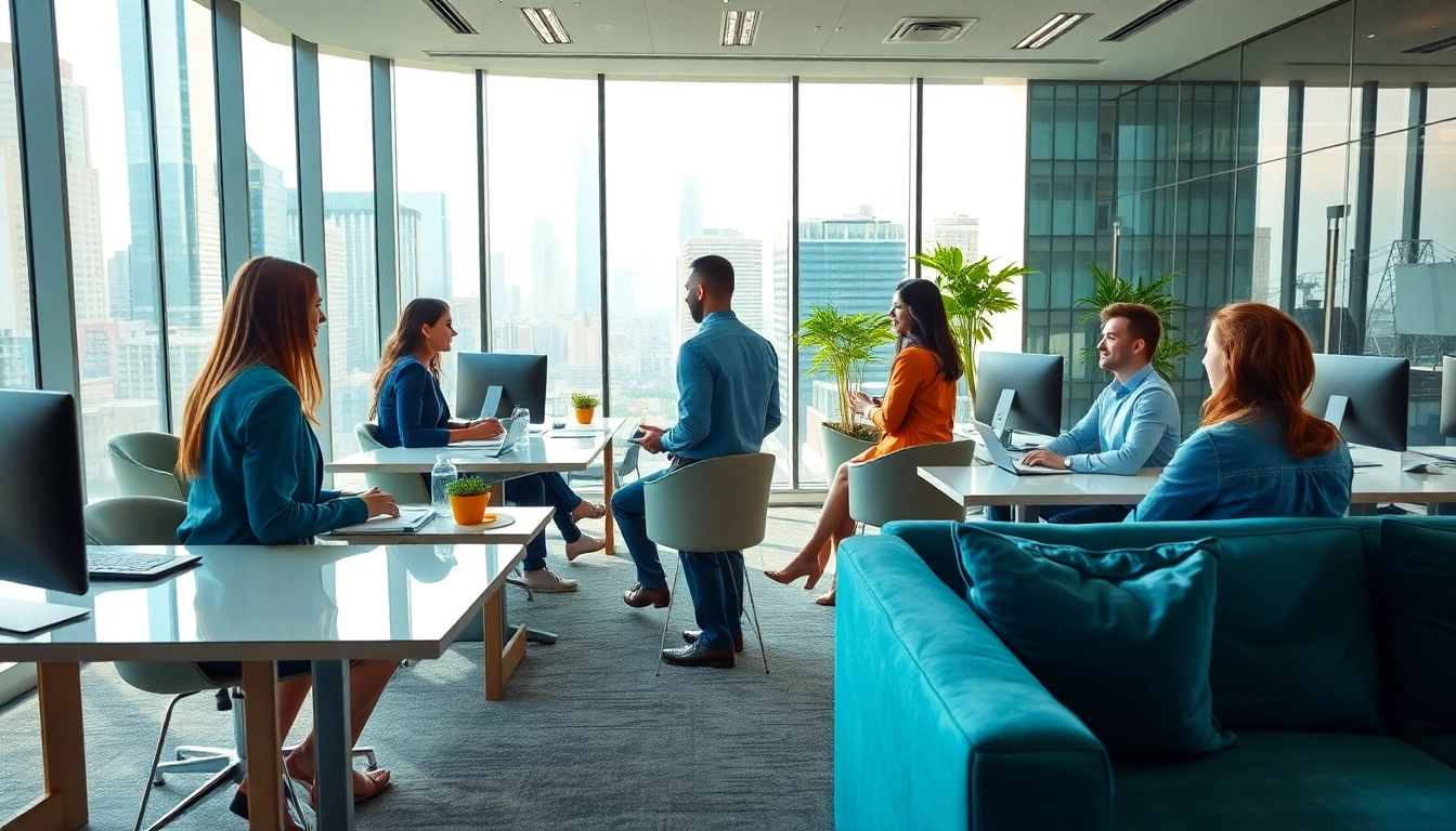 Engaging real estate office scene showcasing professionals collaborating in a bright urban setting.