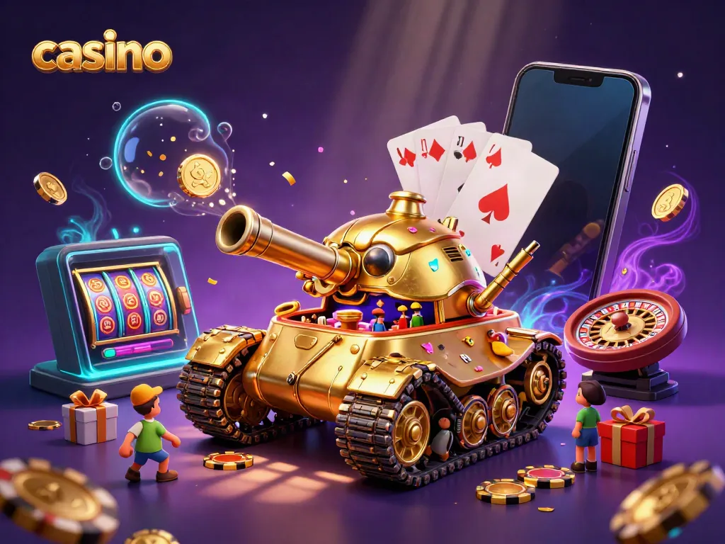Experience the excitement of a vibrant casino with a golden beetle tank revealing a miniature casino scene.