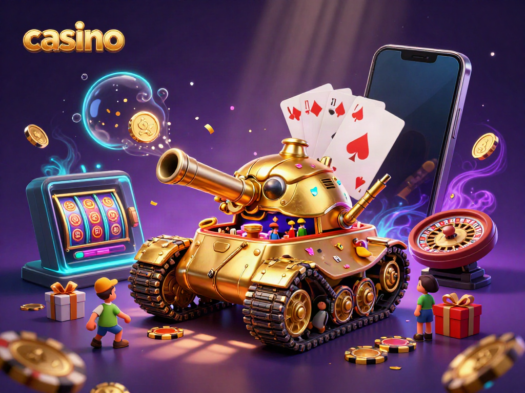 Experience the excitement of a vibrant casino with a golden beetle tank revealing a miniature casino scene.