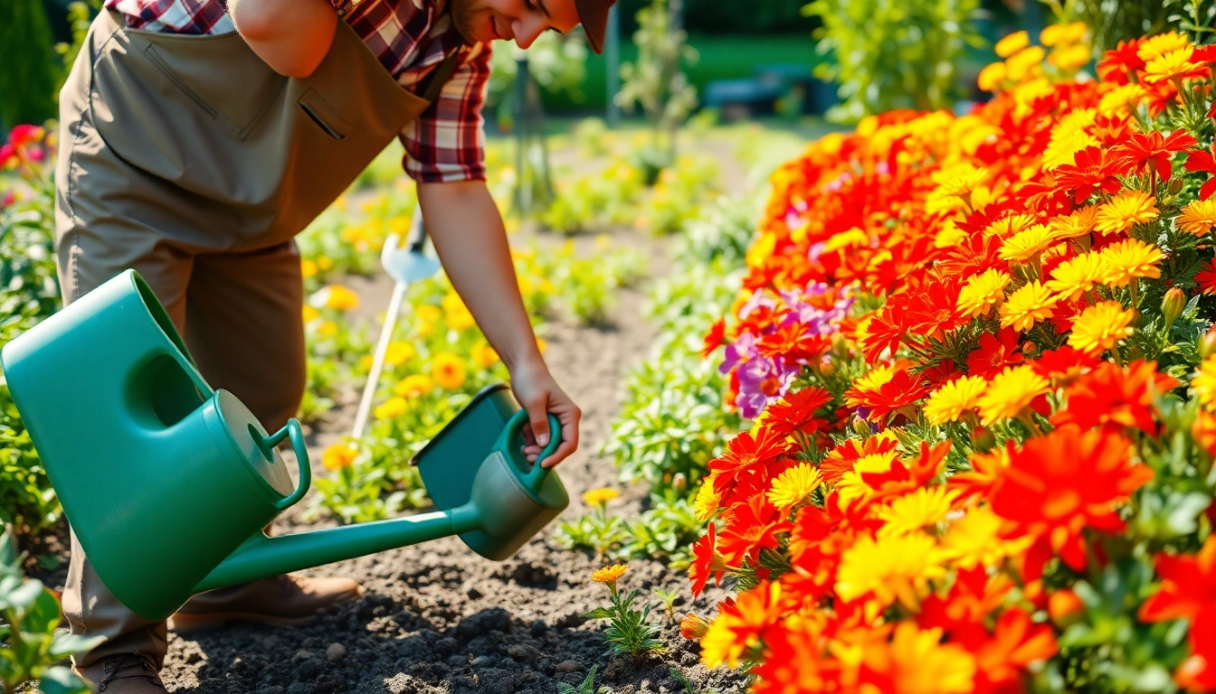 Gardening enthusiast cultivating a colorful flower garden using various tools.