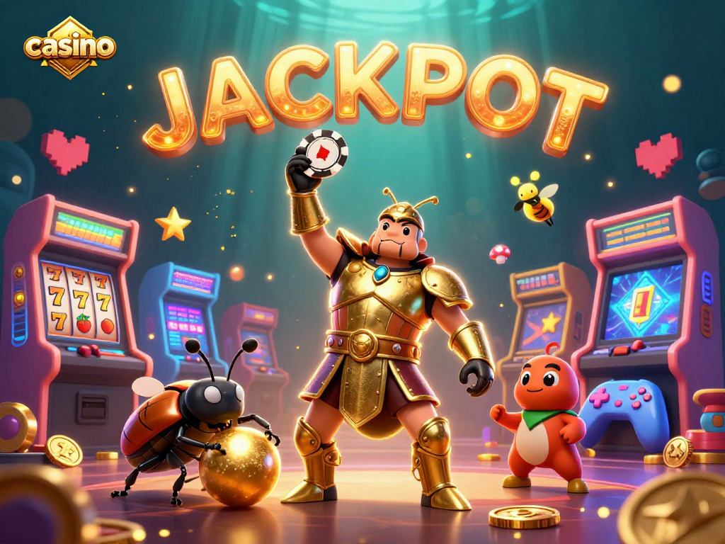 Engage with the casino world as a triumphant beetle celebrates winnings under glowing slot reels.