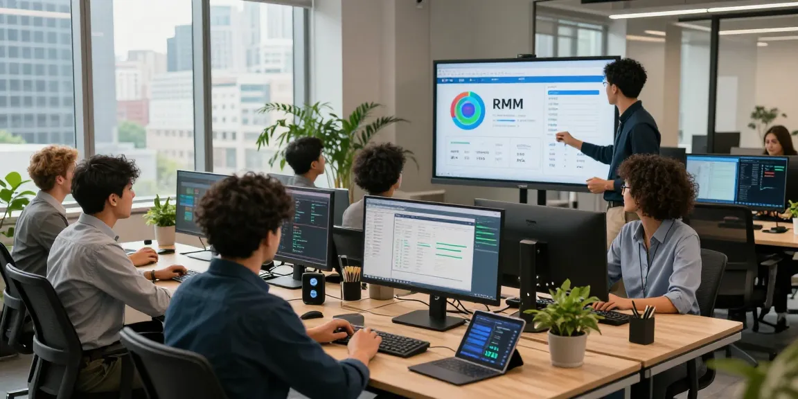 IT support businesses collaborating in a modern office with diverse professionals discussing RMM technology.