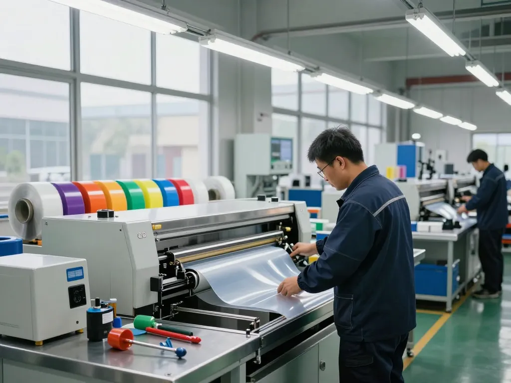 Technician performing bóc ép plastic lamination in a bright manufacturing facility.