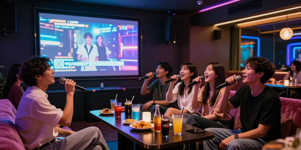 강남가라오케에서 친구들과 노래를 부르며 즐기는 활기찬 밤의 모습