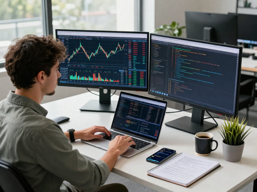交易者在MetaTrader 5平台上分析市场，展示了现代金融交易办公环境