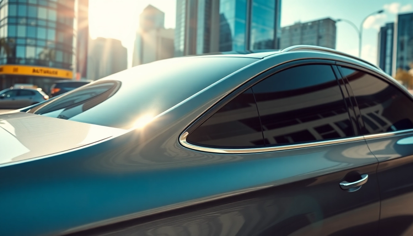 Enhancing a car's aesthetics with window tint Chattanooga in a vibrant urban backdrop.