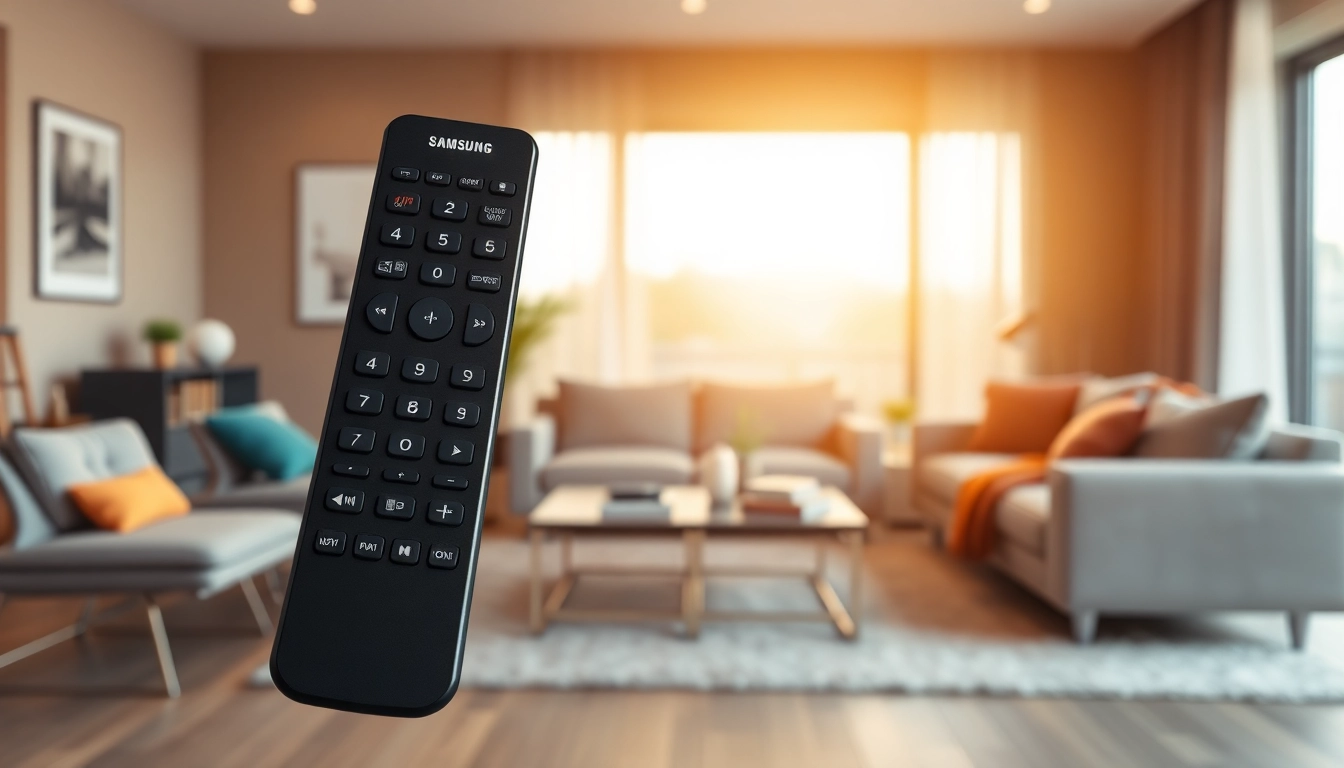 Samsung BN59-01386A remote in a modern living room setting for user convenience.