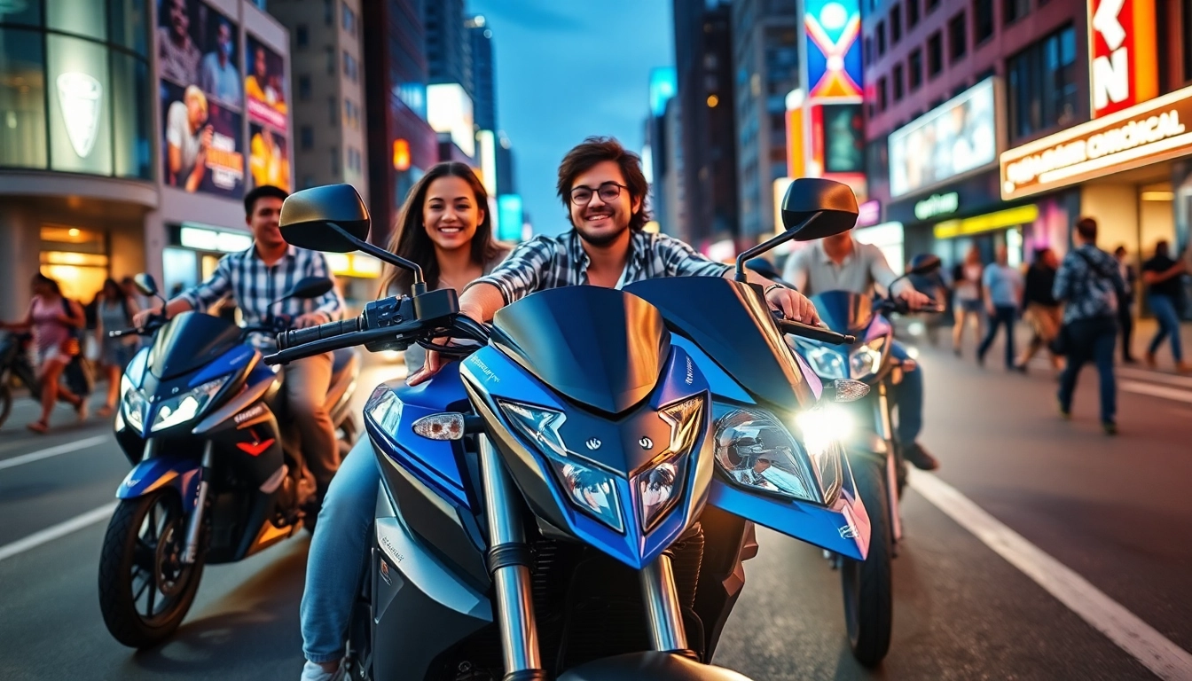 Riding affordable street legal motorcycles through a vibrant urban landscape for a thrilling experience.