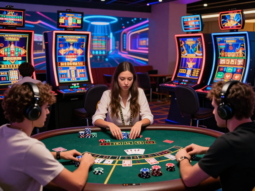 Engaging players at live dealer table playing blackjack in US online casinos, vibrant casino atmosphere.
