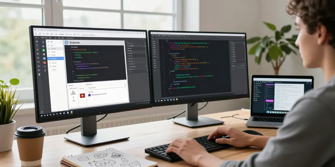 Use Snipaste for effective 截图软件下载, showcasing a productive workspace with dual monitors and design tools.