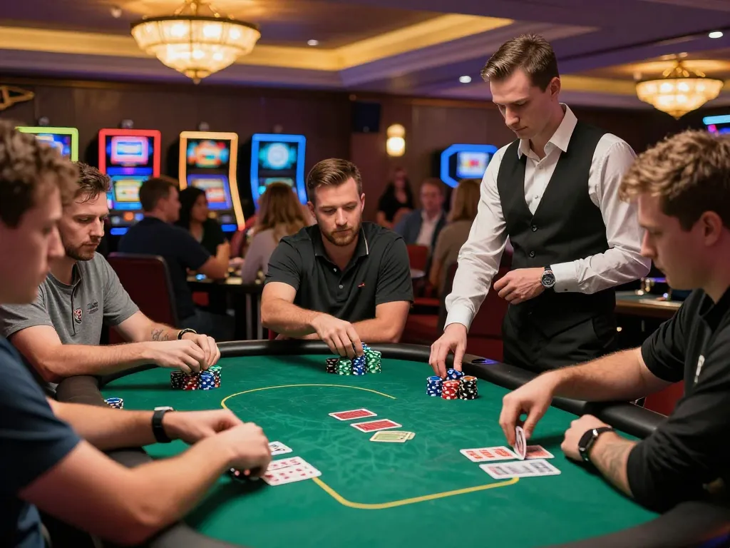 Manclub engaging players in a live poker game at an upscale casino filled with chips and excitement.