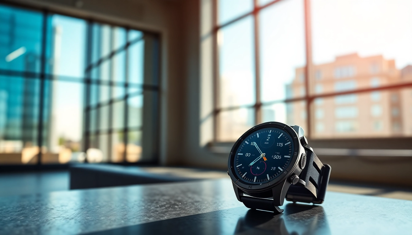 Showcasing Garmin smartwatch metrics on a modern fitness desk in an urban setting.