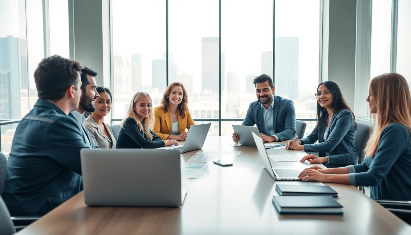 Engaging business meeting with diverse professionals collaborating in a modern office.