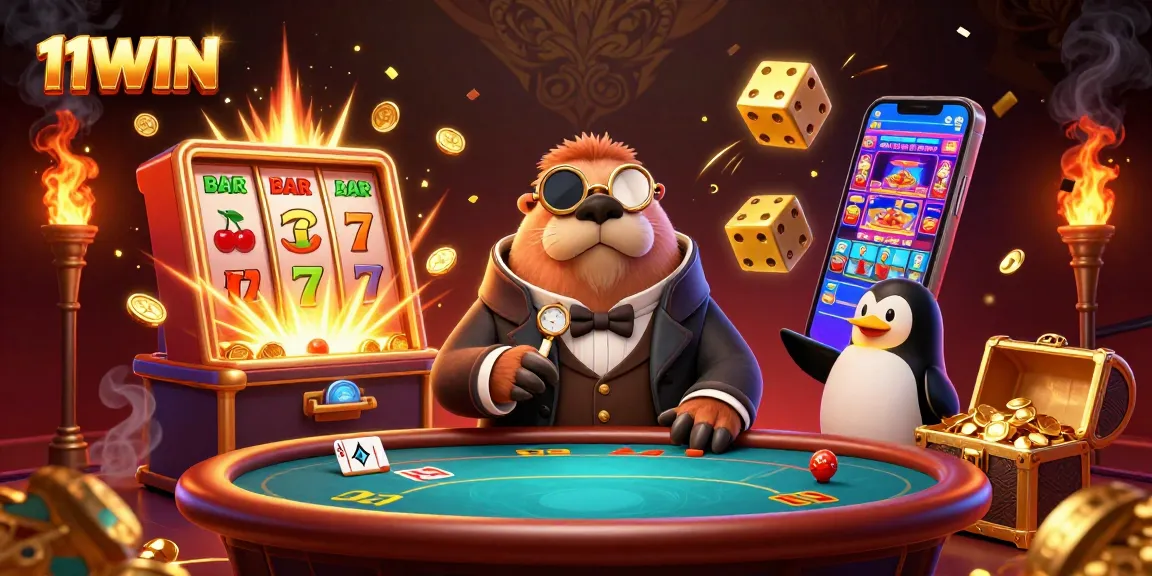 Experience exhilarating gaming at 11WIN with a lively scene of a walrus, penguin dealer, and pufferfish at a poker table.