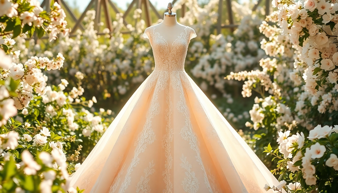 Bridal gown from Rebel Designerwear showcased in a serene outdoor garden setting.