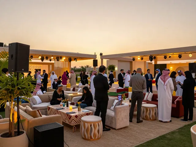 Event rental ksa setup featuring a luxurious marquee with elegant furniture, vibrant atmosphere, and attendees enjoying.