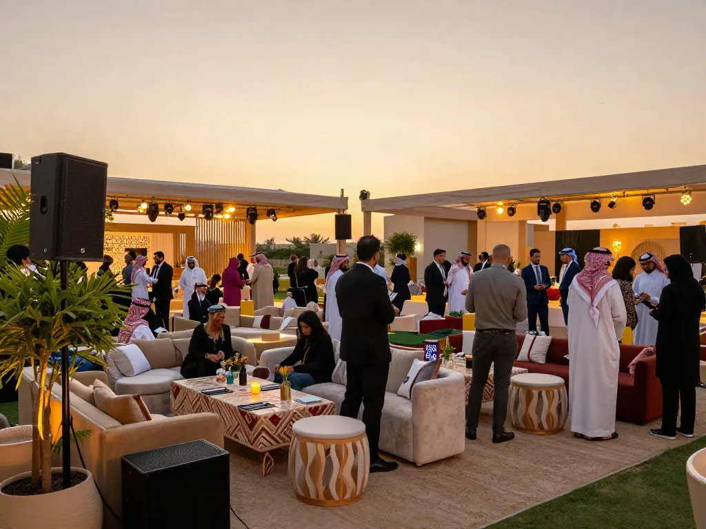 Event rental ksa setup featuring a luxurious marquee with elegant furniture, vibrant atmosphere, and attendees enjoying.